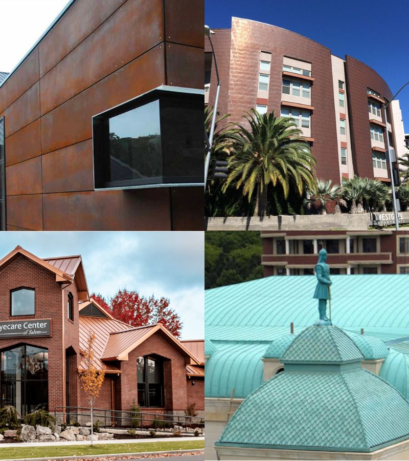 image with four different examples of copper used as roofing material