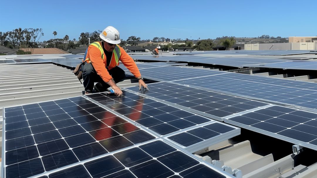 roofer insalling solar panels on commercial roof