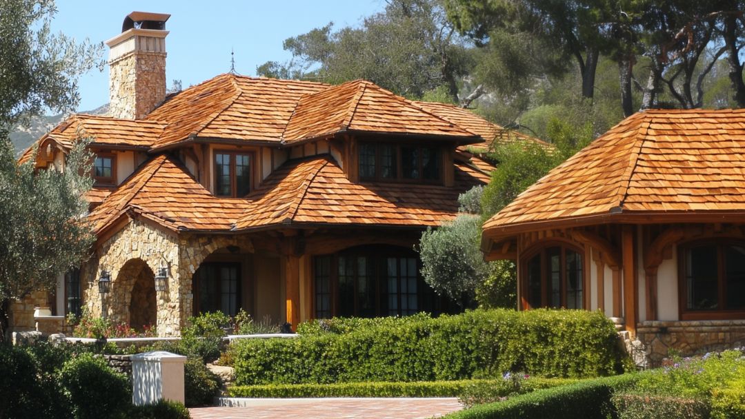 home with brown wood shingles