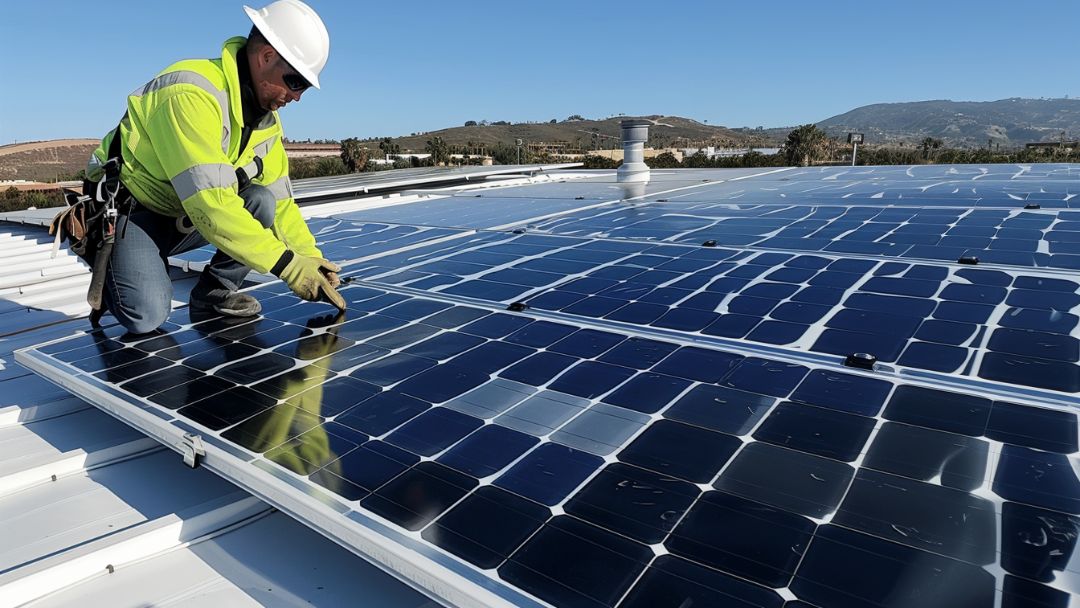 solar roofing contractor working on panels