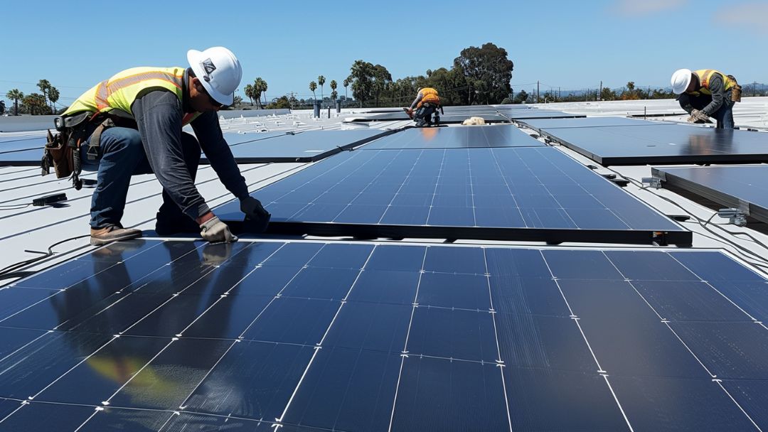 roofers working on commercial solar panel installation